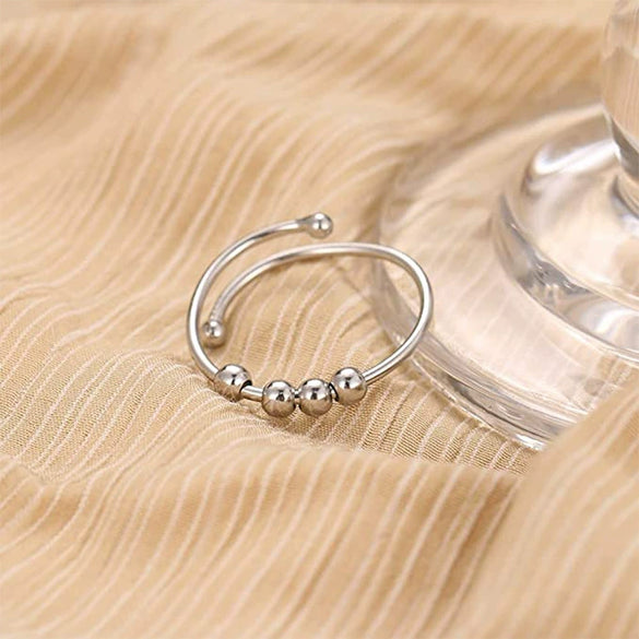 Geometric Spiral Bead Rotating Open Ring Brass And White Steel Electroplated Adjustable Unisex Anxiety Relief Jewelry