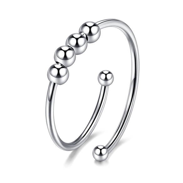 Geometric Spiral Bead Rotating Open Ring Brass And White Steel Electroplated Adjustable Unisex Anxiety Relief Jewelry