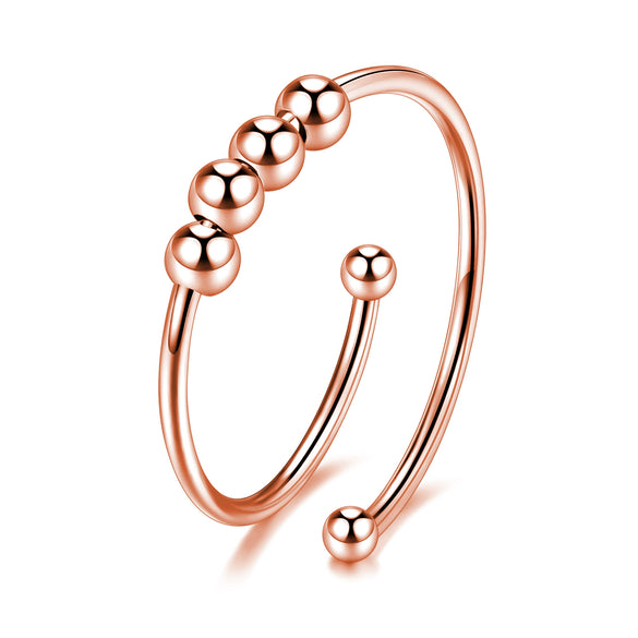 Geometric Spiral Bead Rotating Open Ring Brass And White Steel Electroplated Adjustable Unisex Anxiety Relief Jewelry