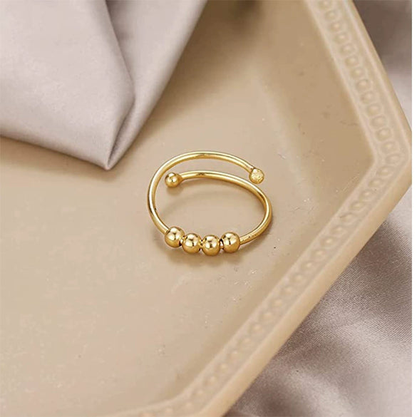 Geometric Spiral Bead Rotating Open Ring Brass And White Steel Electroplated Adjustable Unisex Anxiety Relief Jewelry