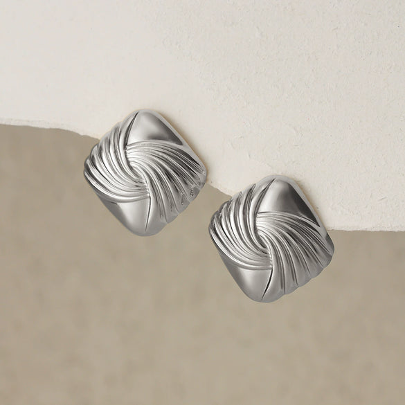 Geometric Square Gold Plated Stainless Steel Stud Earrings With Retro Spiral Line Design For Women