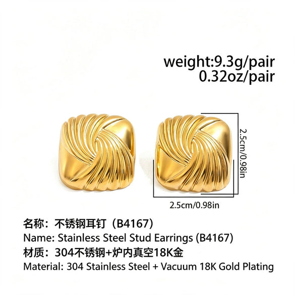 Geometric Square Gold Plated Stainless Steel Stud Earrings With Retro Spiral Line Design For Women