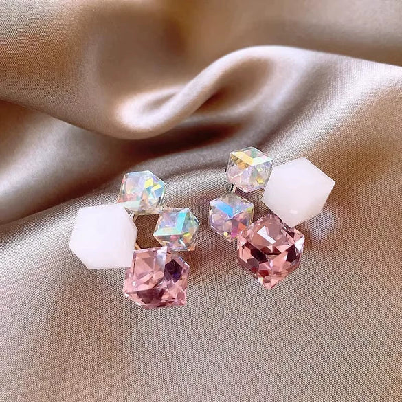 Geometric Square Three Dimensional Fantasy Zircon Earrings In Glass And Glazed Material With Rhombus And Geometric Patterns For Women