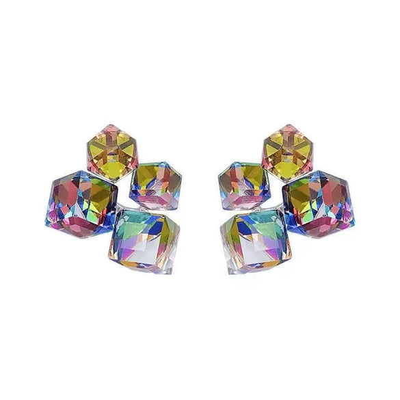Geometric Square Three Dimensional Fantasy Zircon Earrings In Glass And Glazed Material With Rhombus And Geometric Patterns For Women