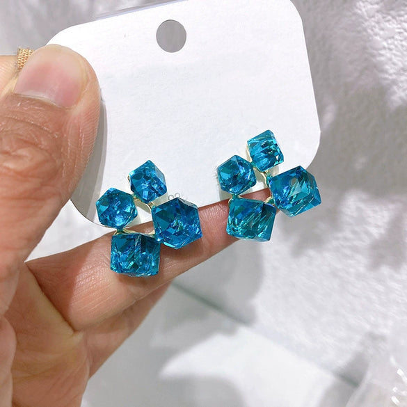 Geometric Square Three Dimensional Fantasy Zircon Earrings In Glass And Glazed Material With Rhombus And Geometric Patterns For Women