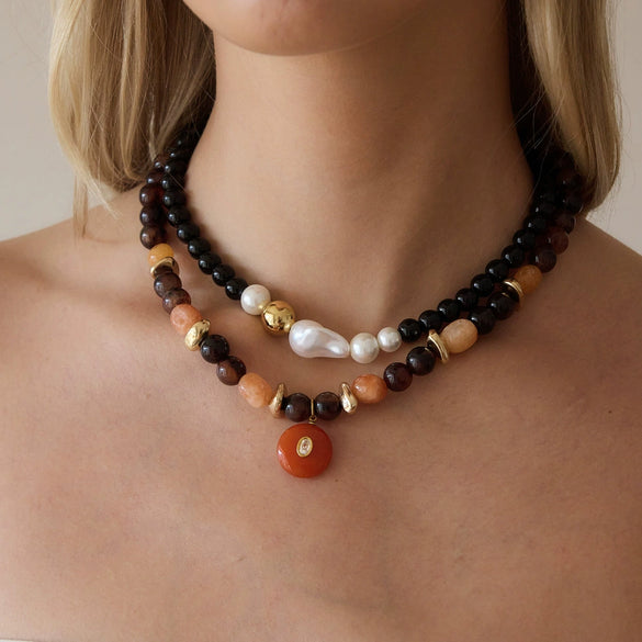 Geometric Stainless Steel Beaded Necklace With Freshwater Pearls And Pvd Gold Plating For Women