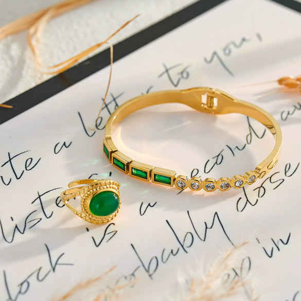 Geometric Stainless Steel Bracelet And Ring Set With Rhinestones Natural Stones And Gold Tone Vacuum Plated Finish