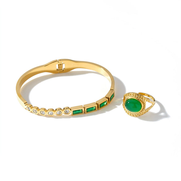 Geometric Stainless Steel Bracelet And Ring Set With Rhinestones Natural Stones And Gold Tone Vacuum Plated Finish
