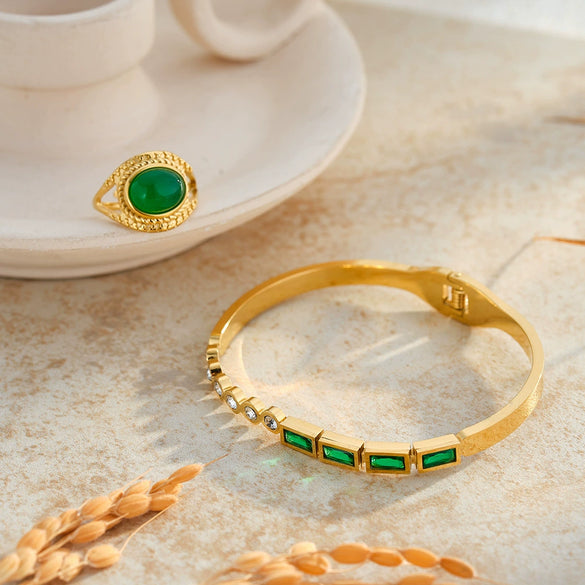 Geometric Stainless Steel Bracelet And Ring Set With Rhinestones Natural Stones And Gold Tone Vacuum Plated Finish