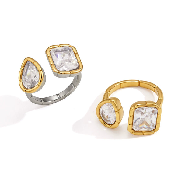 Geometric Stainless Steel Ring For Women With Ribbed Edge And Zircon Accents Pvd Vacuum Gold Plated Hypoallergenic Jewelry