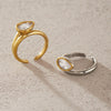 Geometric Stainless Steel Ring For Women With Ribbed Edge Zircon Accent And Pvd Vacuum Gold Plating