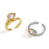 Geometric Stainless Steel Ring For Women With Ribbed Edge Zircon Accent And Pvd Vacuum Gold Plating