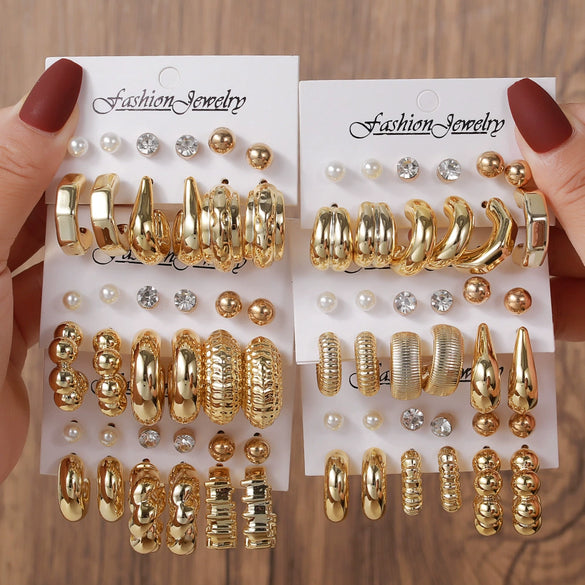 Geometric Stud Earrings Set Imitation Pearl Dot Diamond Elegant Electroplated Women's Jewelry