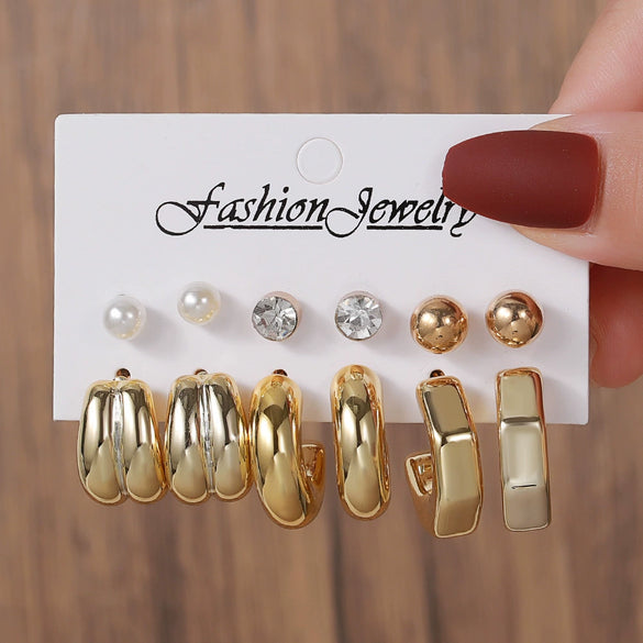 Geometric Stud Earrings Set Imitation Pearl Dot Diamond Elegant Electroplated Women's Jewelry