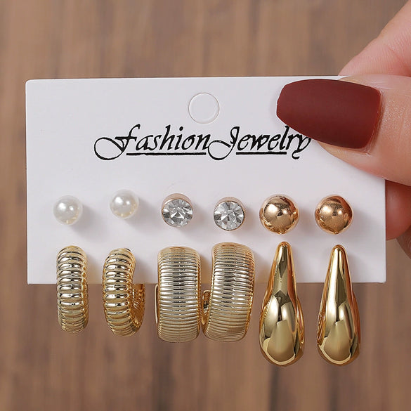 Geometric Stud Earrings Set Imitation Pearl Dot Diamond Elegant Electroplated Women's Jewelry
