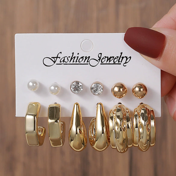 Geometric Stud Earrings Set Imitation Pearl Dot Diamond Elegant Electroplated Women's Jewelry