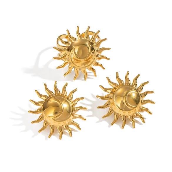 Geometric Sun Earrings And Ring Set For Girls High End Jewelry Accessories In Stainless Steel With Electroplating Niche Style