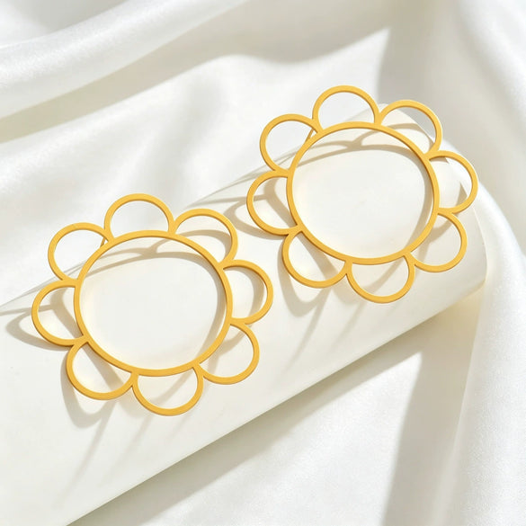 Geometric Sunflower Hollow Earrings In Electroplated Copper With Stainless Steel Ear Posts Exaggerated Floral Jewelry For Women And Men