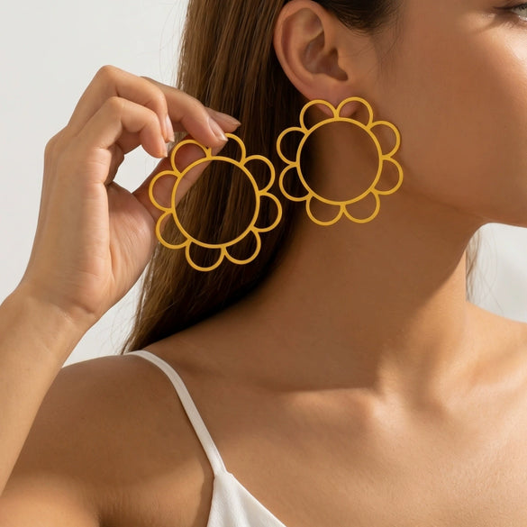 Geometric Sunflower Hollow Earrings In Electroplated Copper With Stainless Steel Ear Posts Exaggerated Floral Jewelry For Women And Men