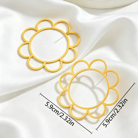 Geometric Sunflower Hollow Earrings In Electroplated Copper With Stainless Steel Ear Posts Exaggerated Floral Jewelry For Women And Men