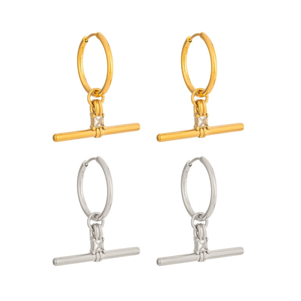 Geometric Tshaped Zircon Pendant Earrings With Stainless Steel Posts And Pvd Vacuum Gold Plated Finish For Women