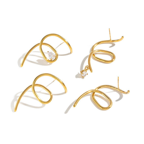 Geometric Twisted Stainless Steel Stud Earrings With Teardrop Zircon Accents Minimalist 18K Goldplated Jewelry For Women