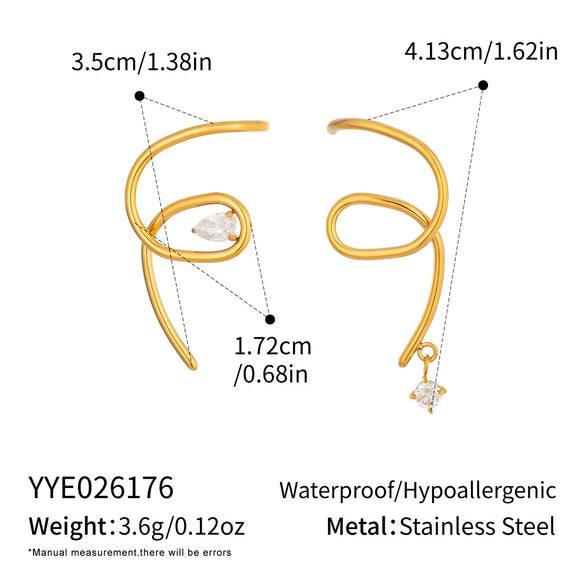 Geometric Twisted Stainless Steel Stud Earrings With Teardrop Zircon Accents Minimalist 18K Goldplated Jewelry For Women
