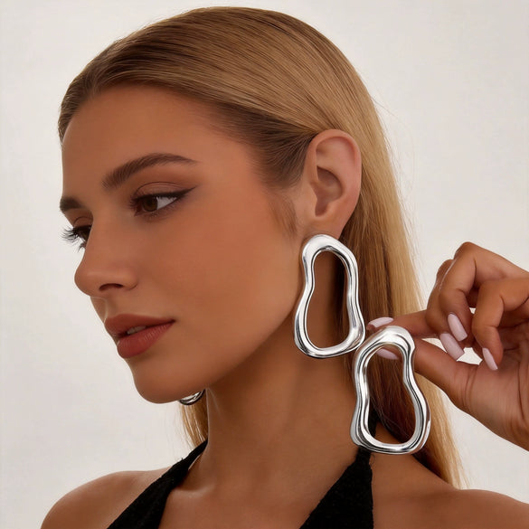 Geometric Ushaped Stud Earrings In Zinc Alloy With Square Pattern Stainless Steel Posts And Ecofriendly Electroplated Finish
