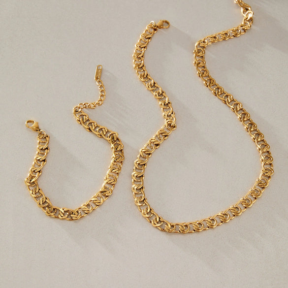 Geometric Vacuum Gold Plated Stainless Steel Necklace And Bracelet Jewelry Set For Women With Lobster Clasp