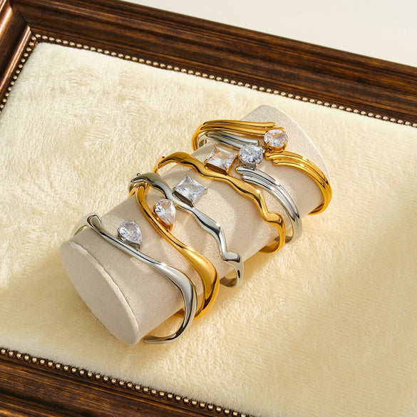 Geometric Water Drop Stainless Steel Bracelet For Women With Zircon Inlay And 18K Gold Vacuum Plated Finish
