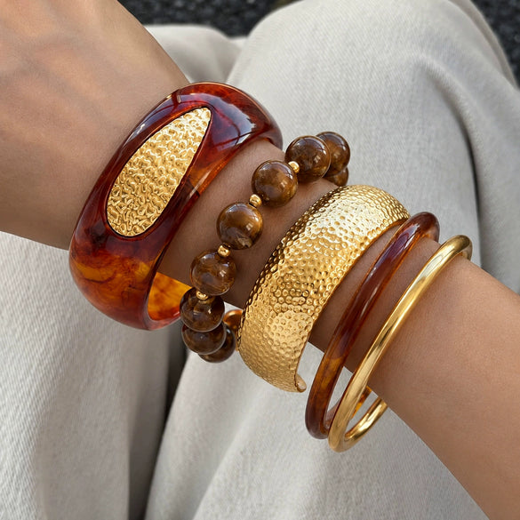 Geometric Wide Resin And Stainless Steel Bangle With Plated Finish Fashion Jewelry Accessory