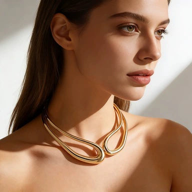 Geometric Zinc Alloy Choker Necklace With Smooth Circular Ring Links Hollow Design And Electroplated Finish