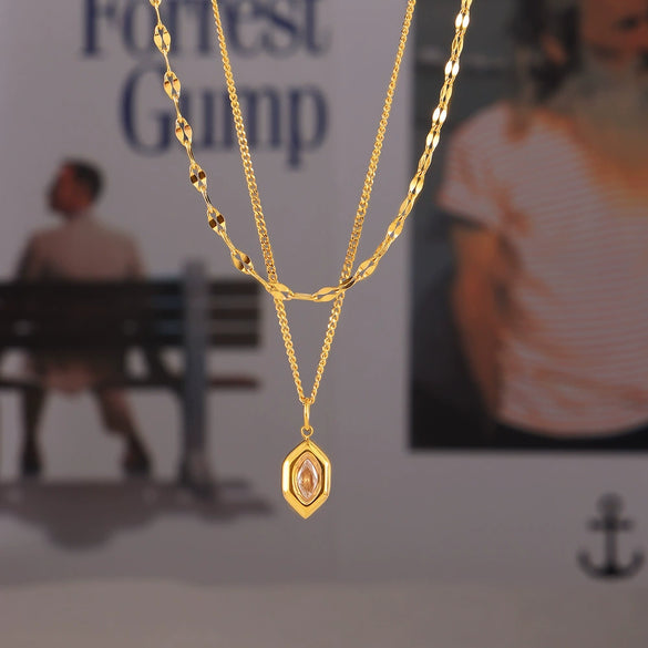 Geometric Zircon Pendant Fish Mouth Clavicle Chain Double Layer Stacked Wear Titanium Steel Gold Plated Temperament Design