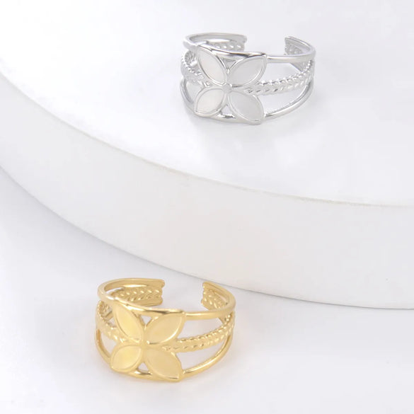 Girlfriends Same Gift Elegant 18k Real Gold Plating Non-fading Four-petal Flower Twine Rope Open Stainless Steel Ring