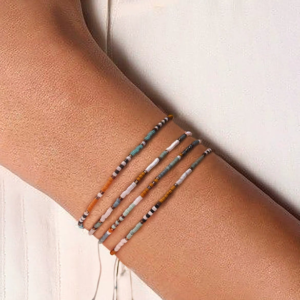 Girls Bohemian Retro Handwoven Glass And Glaze Tiny Bracelet With Geometric Pattern
