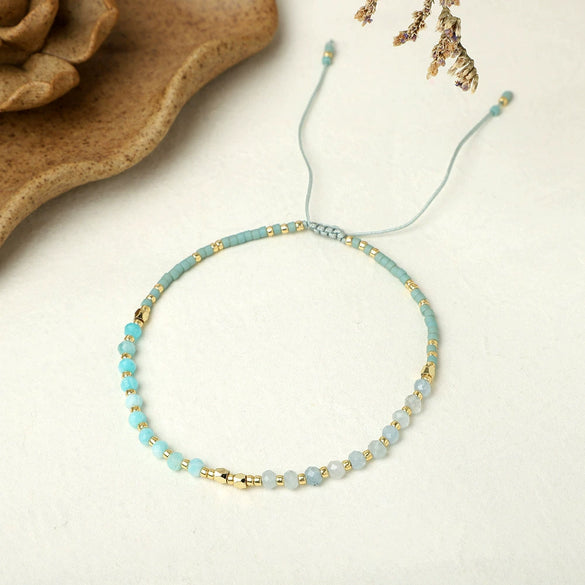 Girls Bohemian Style Handwoven Bracelet With Glass Glaze And Agate Natural Stone Beads Geometric Pattern