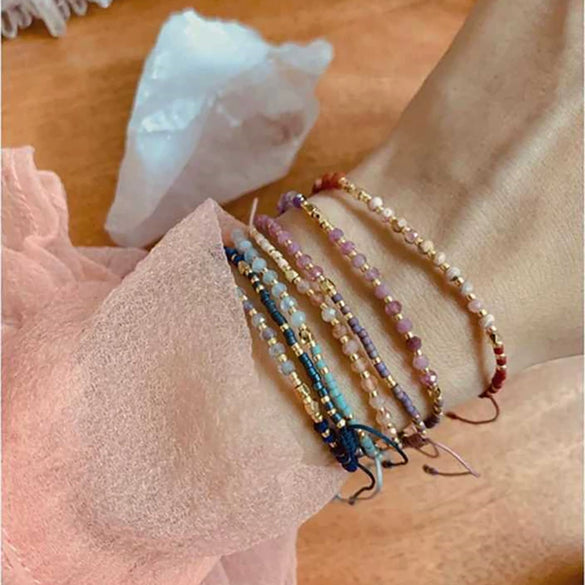 Girls Bohemian Style Handwoven Bracelet With Glass Glaze And Agate Natural Stone Beads Geometric Pattern