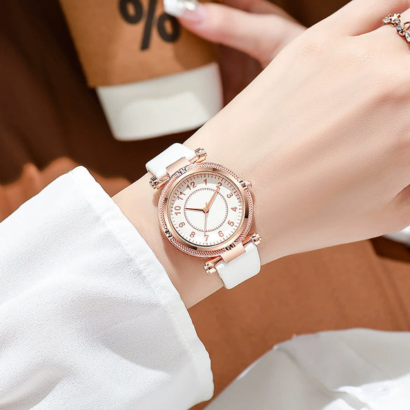 Girls' Casual Allmatch Mini Elegant Student Belt Watch Alloy Case Ordinary Glass Mirror Iron Buckle Imitation Leather Strap Round Dial