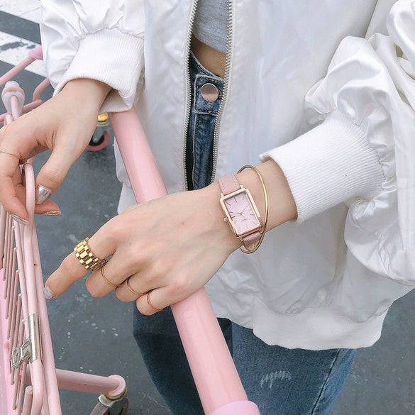 Girls' Casual Retro Leisure Square Watch With Alloy Case Stainless Steel Buckle And Imitation Leather Strap