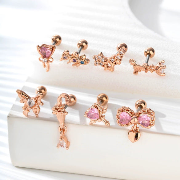 Girls Cochlear Ear Studs Copper Inlaid Zircon Pink Love Bow Titanium Steel Electroplated Flower Pattern