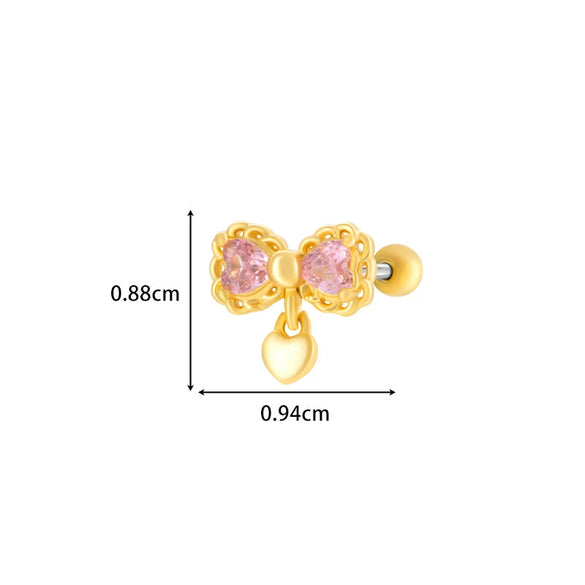 Girls Cochlear Ear Studs Copper Inlaid Zircon Pink Love Bow Titanium Steel Electroplated Flower Pattern