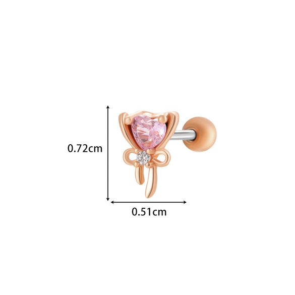 Girls Cochlear Ear Studs Copper Inlaid Zircon Pink Love Bow Titanium Steel Electroplated Flower Pattern