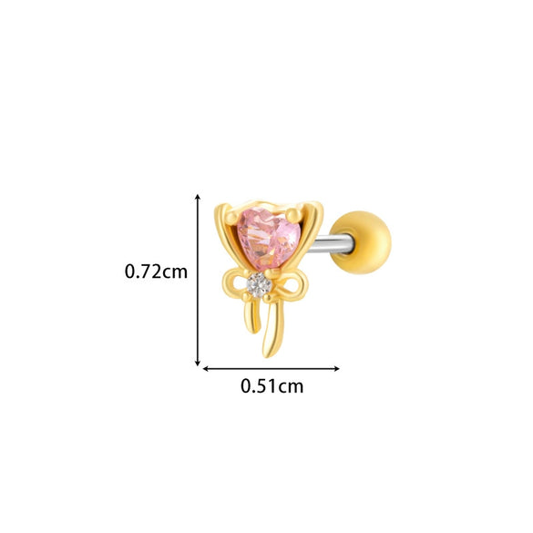 Girls Cochlear Ear Studs Copper Inlaid Zircon Pink Love Bow Titanium Steel Electroplated Flower Pattern