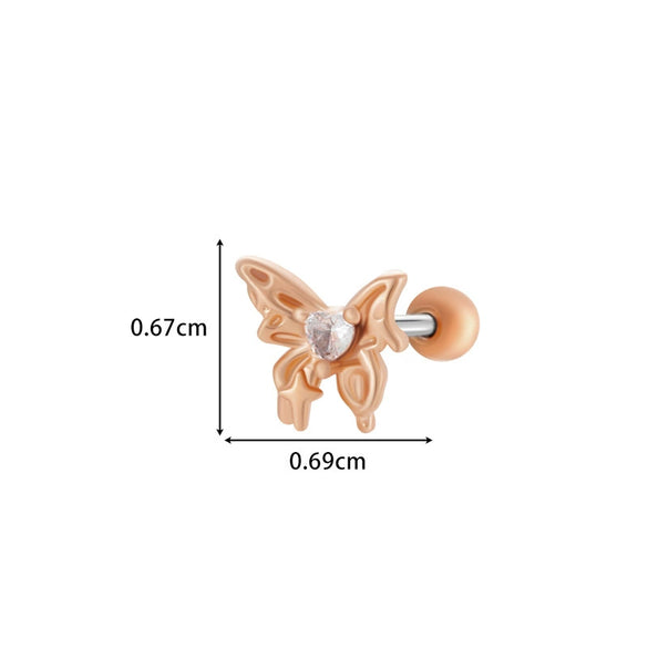 Girls Cochlear Ear Studs Copper Inlaid Zircon Pink Love Bow Titanium Steel Electroplated Flower Pattern