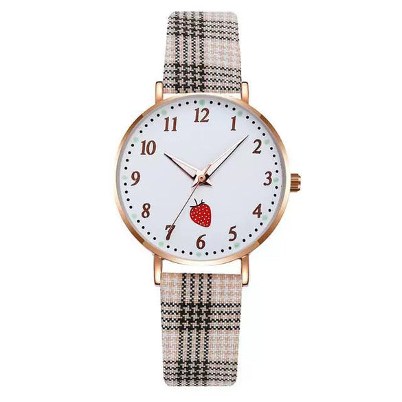 Girls Cute Fashion Quartz Watches Alloy Case Imitation Leather Strap Strawberry Pattern Round Dial