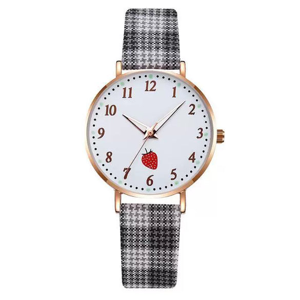 Girls Cute Fashion Quartz Watches Alloy Case Imitation Leather Strap Strawberry Pattern Round Dial
