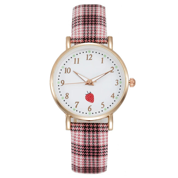 Girls Cute Fashion Quartz Watches Alloy Case Imitation Leather Strap Strawberry Pattern Round Dial