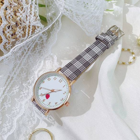 Girls Cute Fashion Quartz Watches Alloy Case Imitation Leather Strap Strawberry Pattern Round Dial