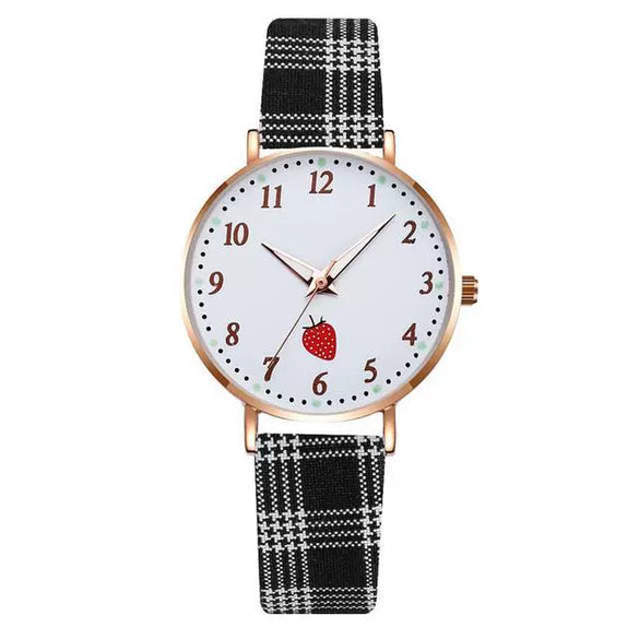 Girls Cute Fashion Quartz Watches Alloy Case Imitation Leather Strap Strawberry Pattern Round Dial