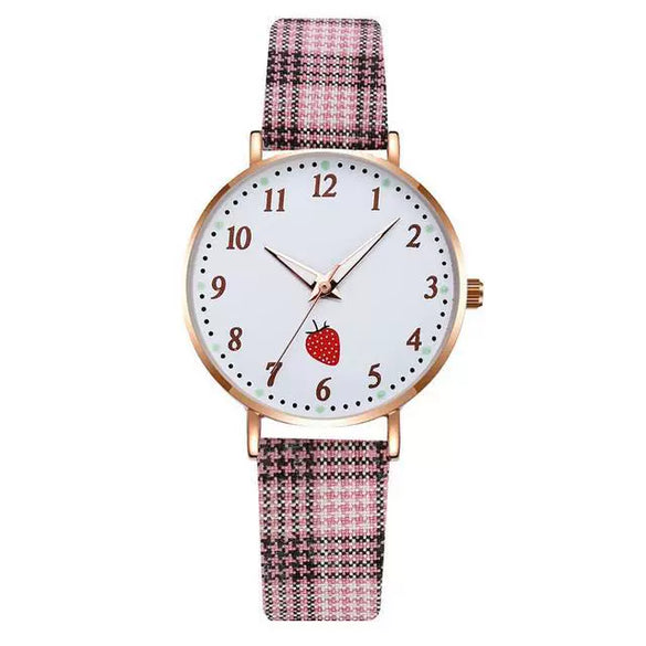 Girls Cute Fashion Quartz Watches Alloy Case Imitation Leather Strap Strawberry Pattern Round Dial
